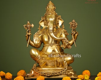 Estatua de Ganesha en latón de 40 cm, gran ídolo de Ganesha grande, escultura de Ganpati para el templo del hogar/Puja, jardín en latón, Dios hindú de la suerte