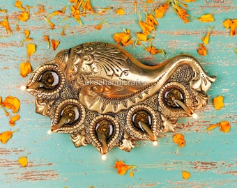 Brass Shankh Diya with 5 Diya for Home Temple, Oil Wick Diya Brass, Indian Handcrafted Deepak for Home Decor Handmade Lamp for Pooja Mandir