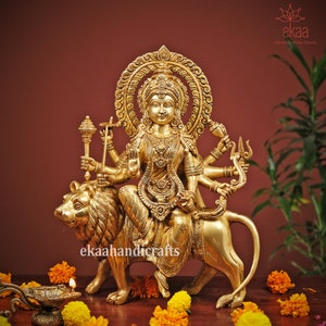 Brass Large Statue Of Durga Maa, 37 cm Big Size Hindu Goddess Maa Durga Idol, Maa sherwali, Ambe Maa, Chandi, Adi Shakti. Statue Of Brass