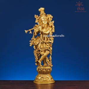 29 Inch Large Brass Lord Krishna Statue | Hindu Krishna for Home & Temple Altar | Spiritual Décor | Marriage Anniversary Gift