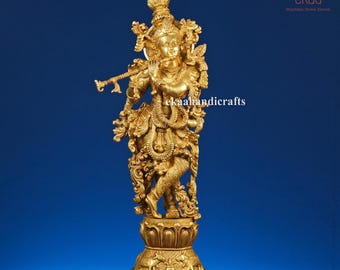 29 Inch Large Brass Lord Krishna Statue | Hindu Krishna for Home & Temple Altar | Spiritual Décor | Marriage Anniversary Gift