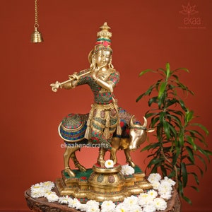 Krishna Statue in Brass, 66CM Big Size Krishna Brass Idol, Krishna Bhagwan for Temple Mandir Altar Hindu Religious Home, Lord Krishna Murti