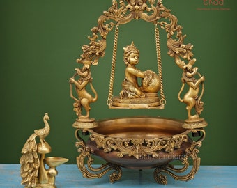 Urli Brass with Laddu Gopal, 53CM Makhan Chor Krishna on Swing, Traditional Home Decor, Indian Uruli Bowl Religious Decor Free Peacock Diya