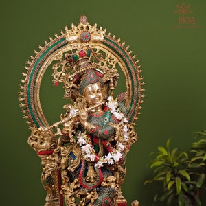 Krishna Statue in Brass with Stonework, 81CM Big Large Size Krishna Brass Idol, Krishna Bhagwan Temple Mandir Altar Hindu Religious Home