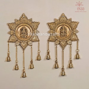 Brass Ganesh Laxmi Hanging with Bells, Home Temple Decor, Handmade Wall Decor, Indian Handcrafts, Mandir Decor, Home Entrance Wall Hanging