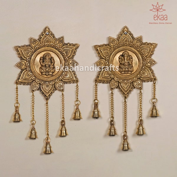 Brass Ganesh Laxmi Hanging with Bells, Home Temple Decor, Handmade Wall Decor, Indian Handcrafts, Mandir Decor, Home Entrance Wall Hanging