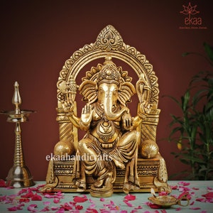 Brass Ganesha Idol on Throne, 43CM Big Large Ganesha Idol sitting on Singhasan, Ganpati Sculpture for Home Temple Puja, Hindu God of Luck