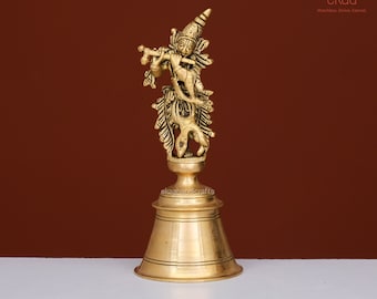 Krishna Bell in Brass, Hand Held Ghanti Home Decoration, Mandir Temple, Showpiece, Krishna Statue, Diwali Puja Birthday Gifts,Office