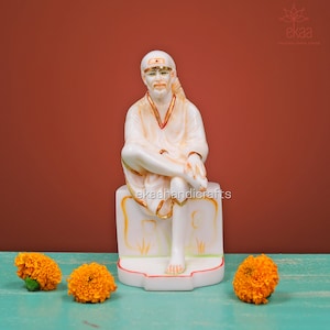 Sai Baba Statue Cultured Marble , 8.5In Shirdi Sai Baba, Hindu Indian God Sai Baba, Sai Ram Shirdi, Beautiful Blessed Hindu Art Temple Decor