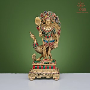 Murugan Swamy Kartikeya in Brass with Stonework , Kumaraswamy, Lord Karthikeya, Subramanya Shanmukha Murugan Murti,Lord Murugan with Peacock