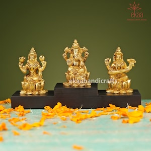 Lakshmi Ganesh Saraswati Statues on Wooden Base, Small Brass Laxmi Ganesh Saraswati Idols, Hindu gods of good luck, Wealth, Wisdom,Arts