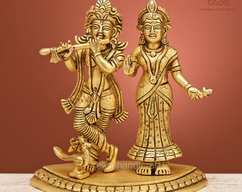 Brass Radha Krishna Statue: Hindu Divine Couple Idol, Marriage Gift