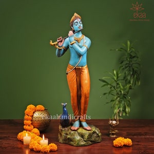 Brass Lord Krishna Statue, 74CM Krishna Hand Painted Idol, Lord Krishna Murti Home Temple, Krishan Ji Pooja Mandir Statue Home Decor Figure