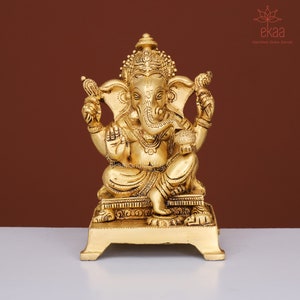 Ganesha Statue in Brass 18CM, Ganesha Idol, Ganpati Sculpture for Home Temple Puja Brass, Hindu God of Luck, Brass Ganesh Ji Figurine Mandir