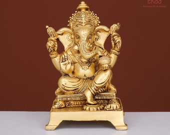 Ganesha Statue in Brass 18CM, Ganesha Idol, Ganpati Sculpture for Home Temple Puja Brass, Hindu God of Luck, Brass Ganesh Ji Figurine Mandir