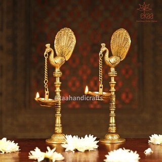 Diya Indiane In Ottone Fatte A Mano - Coppia Di Lampade Per Pooja E Decorazione Casa