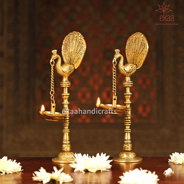 Parrot Ghee Lamp Brass Deepak, Brass Oil Lamp Stand with Bell Brass Decorative Diyas Handcrafted Deepak for Home Decor Traditional Lamp