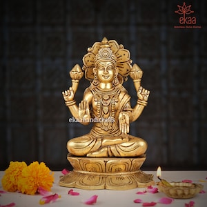 Brass Lakshmi Goddess Statue, 22 CM Sitting Laxmi Idol for Home Temple, Hindu Goddess of Fortune and Abundance, Lakshmi Maa Murti