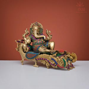 Resting Ganesha Statue Large with Stonework, 40.5 cm Big Brass Ganesha Idol, Resting Ganesh Statue for Home, office and Yoga Studio Decor