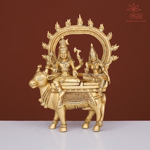Brass Shiv Parvati Statue: Hindu God Shiva Family on Nandi Cow
