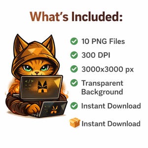 May include: A digital illustration of an orange cat wearing a hoodie and working on a laptop. The image includes the text "What's Included:" and details about the files, including 10 PNG files, 300 DPI, 3000x3000 px, a transparent background, and instant download.