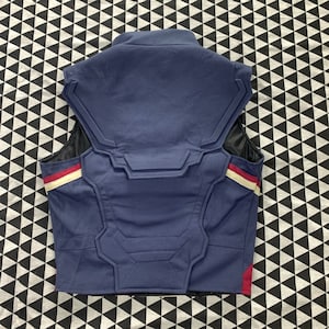 Pu&ograve; includere: Un giubbotto blu con un design imbottito e strisce rosse e bianche sui lati. Il giubbotto ha una cerniera sul davanti.