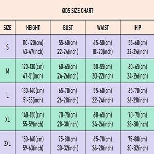 May include: Kids size chart with measurements in inches and centimetres for bust, waist, hip, and height. The chart includes sizes S, M, L, XL, and 2XL.