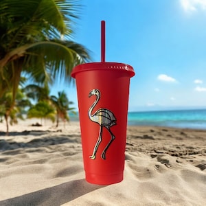 Flamingo inspired Cold Cup | Travel Iced Coffee Mug | Tumbler with Straw and Lid 24Oz or 709ml