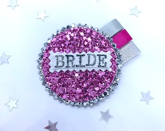 BRIDE ROSETTE BADGE, personalised bride to be badge, sparkly handmade rosette badge