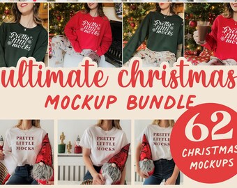 Op de afbeelding: Een verzameling van 62 kerstmockups met verschillende kledingstukken, waaronder sweatshirts, t-shirts en shirts met lange mouwen. De mockups tonen verschillende poses en stijlen, met een feestelijk kerstthema. De tekst "Pretty Little Mocks" staat op de kleding.