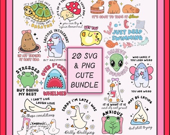 Trendy Cute SVG PNG Design Bundle, Mental Health, Positive Quotes, Funny Humor, Goose Dilly Dallying, Frog (Digital Download)