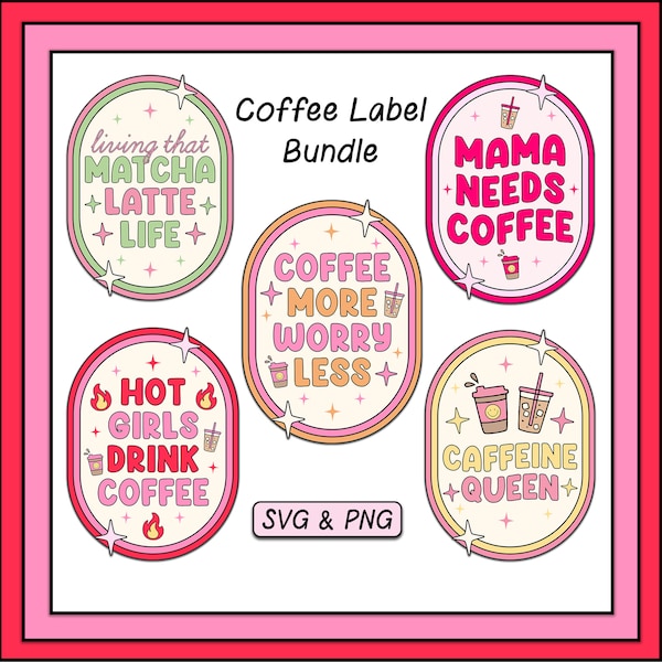 Coffee Label Bundle SVG PNG Design, Trendy Digital Download, Iced Coffee Label, Cute Cut File, Sublimation Png For Glass Cups Cans, Mugs
