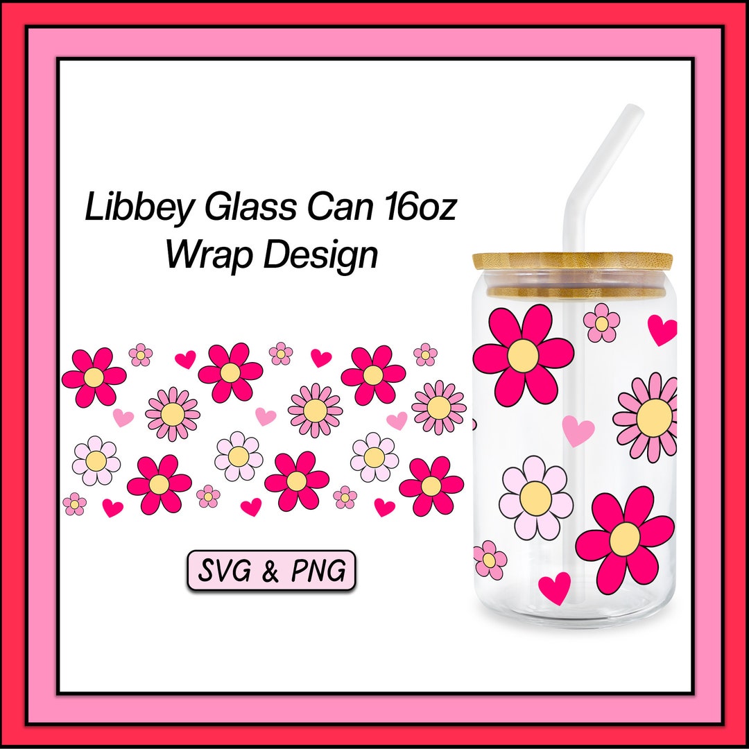 Flowers Pink SVG PNG 16 Oz Glass Cup Wrap Design, Trendy Digital ...