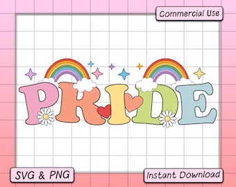 Puede incluir: Un diseño gráfico colorido con la palabra "PRIDE" en colores arcoíris con un arcoíris sobre la "P" y la "D". Las letras están delineadas en negro y tienen una nube blanca detrás de ellas. Hay pequeñas margaritas blancas y estrellas alrededor de las letras.