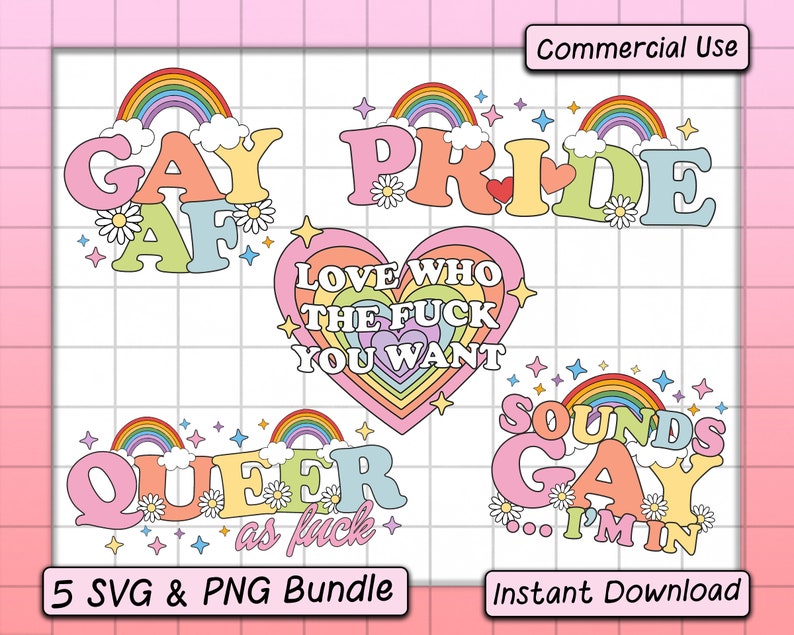 Trendy Gay Pride Bundle SVG PNG Design, Digital Download, Cute LGBTQ+ ...