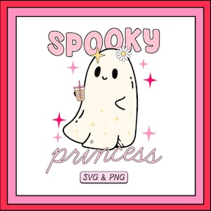 May include: A pink and white ghost with a flower on its head holds a pink and brown iced coffee. The ghost is surrounded by pink stars. The text "SPOOKY princess" is written in pink letters above and below the ghost. The text "SVG & PNG" is written in a white box below the ghost.