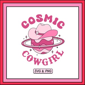 Kosmisk cowgirl SVG PNG-design, digital nedladdning, trendig söt western-svg, rymdplanetgrafik, cowgirl-lanthatt, rosa retro-estetik bild 1