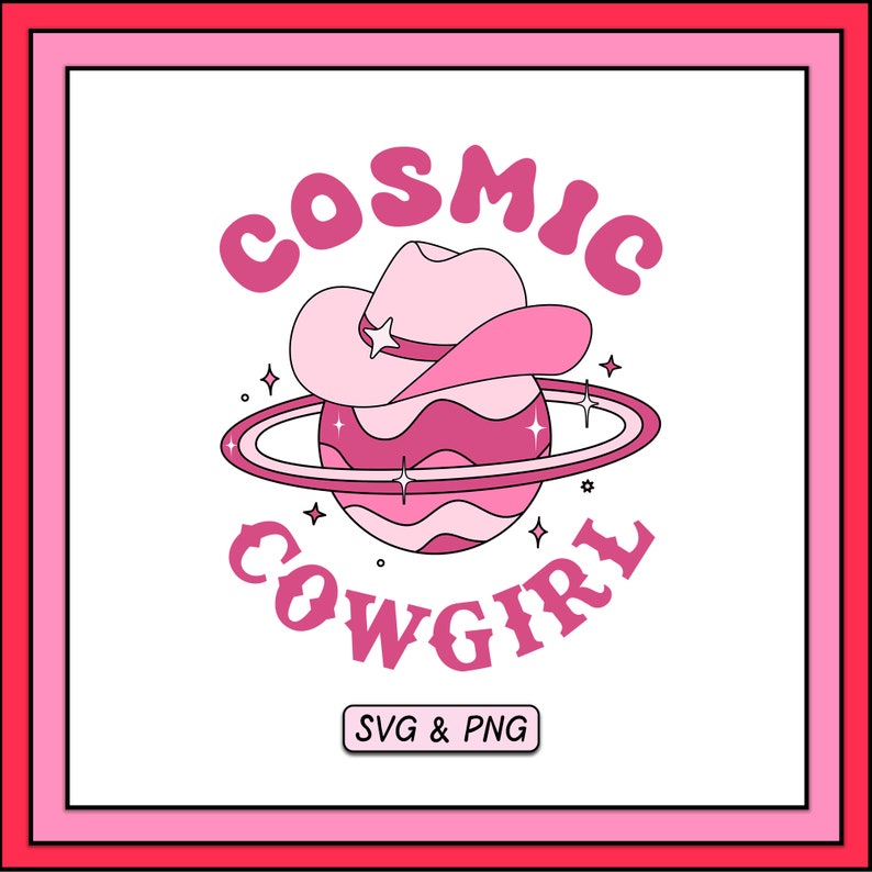 Kosmisk cowgirl SVG PNG-design, digital nedladdning, trendig söt western-svg, rymdplanetgrafik, cowgirl-lanthatt, rosa retro-estetik bild 1