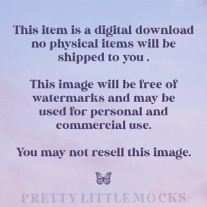 Puede incluir: Texto superpuesto sobre un fondo degradado morado y rosa con un gr&aacute;fico de mariposa y el texto "PRETTY LITTLE MOCKS". El texto dice: "Este art&iacute;culo es una descarga digital, no se enviar&aacute;n art&iacute;culos f&iacute;sicos. Esta imagen estar&aacute; libre de marcas de agua y se puede utilizar para uso personal y comercial. No puede revender esta imagen."