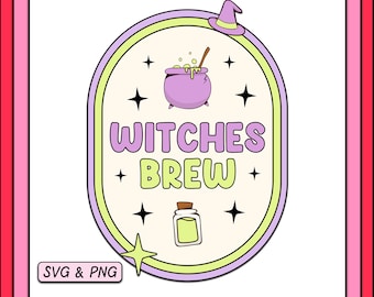 Witches Brew SVG PNG Diseño, Descarga digital de moda, Etiqueta de café de Halloween, Archivo de sublimación retro groovy, Para tazas de vidrio, Latas de cerveza, Tazas