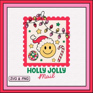 May include: A red and white Christmas-themed mail stamp with a smiling face, a candy cane, a disco ball, and a string of lights. The text "Holly Jolly Mail" is printed on the stamp.
