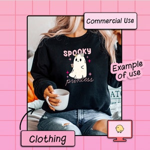 May include: Black sweatshirt with a white ghost wearing a flower crown and the text "Spooky Princess". The sweatshirt is being worn by a person sitting on a couch.