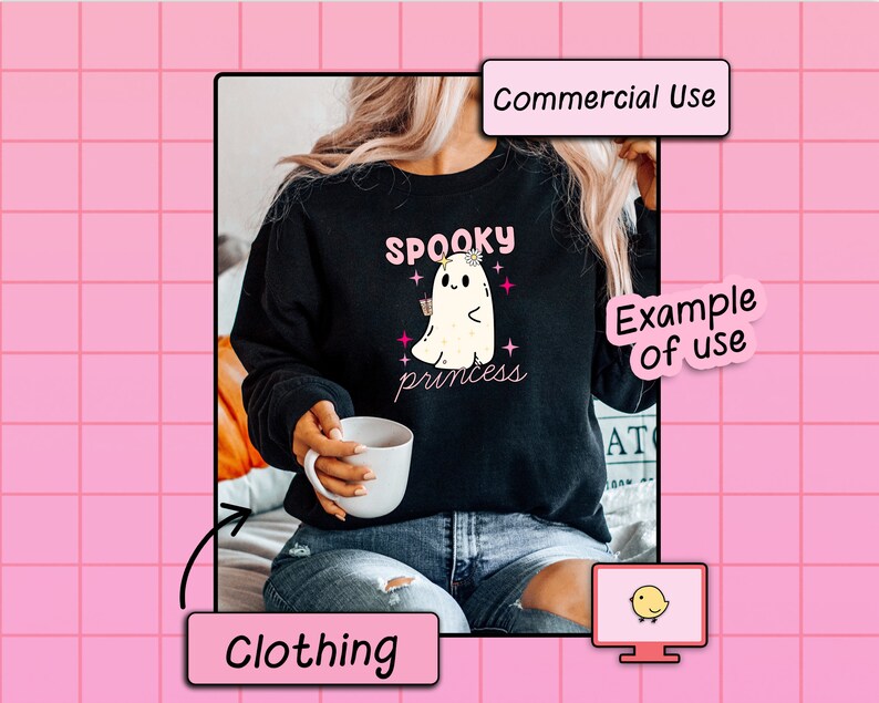 May include: Black sweatshirt with a white ghost wearing a flower crown and the text "Spooky Princess". The sweatshirt is being worn by a person sitting on a couch.