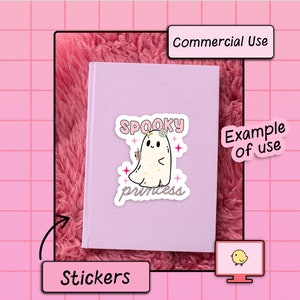May include: A purple notebook with a sticker of a cartoon ghost with the text "Spooky Princess" on it. The notebook is on a pink fuzzy surface. The image is an example of how to use the stickers.