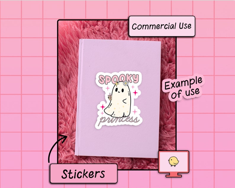 May include: A purple notebook with a sticker of a cartoon ghost with the text "Spooky Princess" on it. The notebook is on a pink fuzzy surface. The image is an example of how to use the stickers.