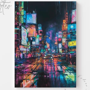 Cyberpunk City Lights Printable - Dipinto futuristico di paesaggio urbano notturno, arte murale fantascientifica malinconica, opera d'arte digitale al neon 358