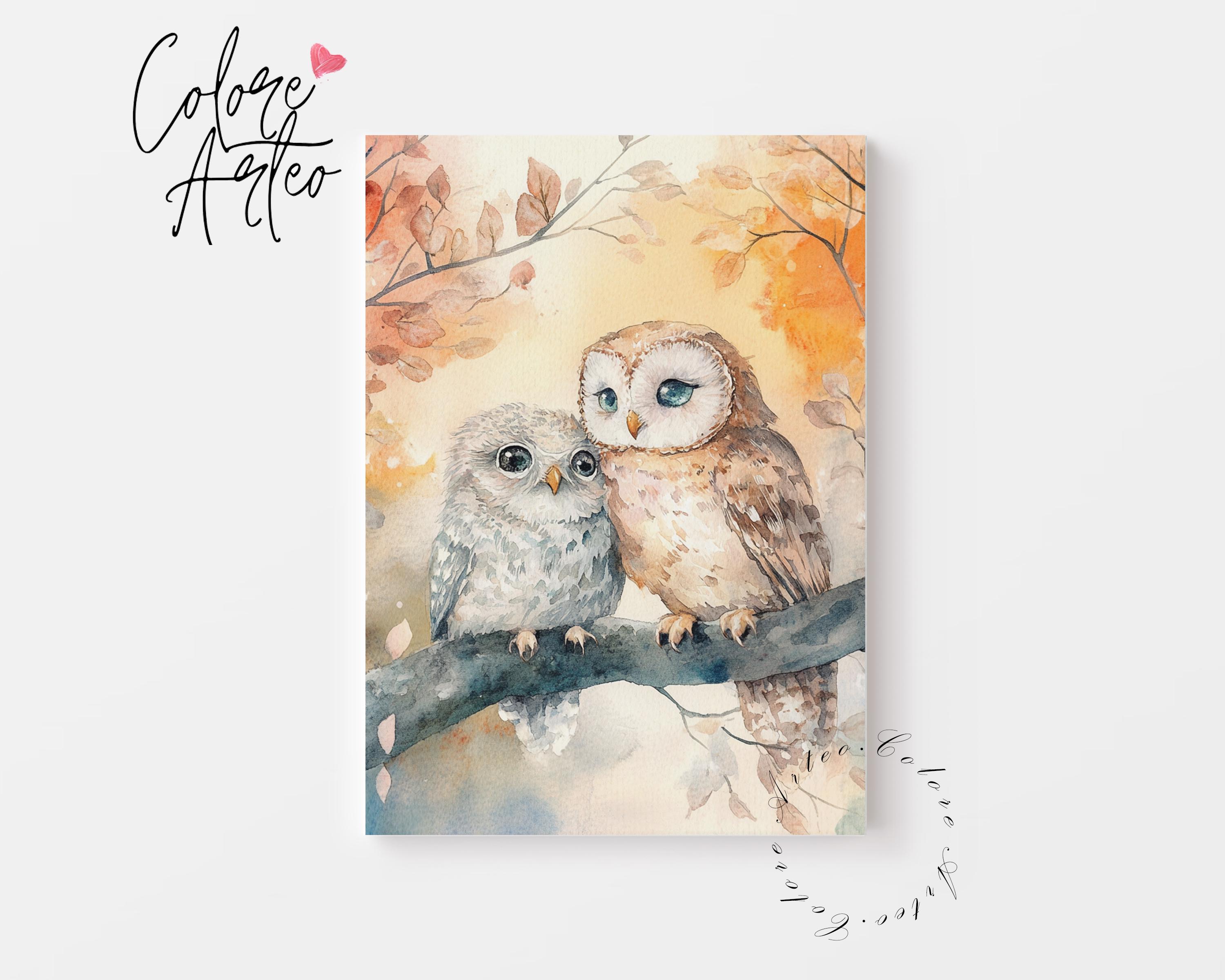 Romantic Owl Couple Watercolor Print - Soft Cottagecore Animal Art, Warm Nature-Inspired Painting, R