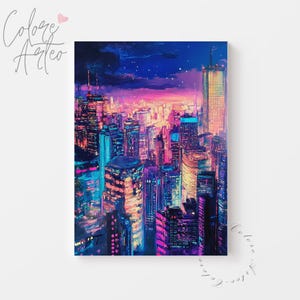 Moody Cyberpunk Streets Printable - Dipinto futuristico di paesaggi urbani al neon, vivace arte murale urbana fantascientifica, opera d'arte digitale sognante a 360°
