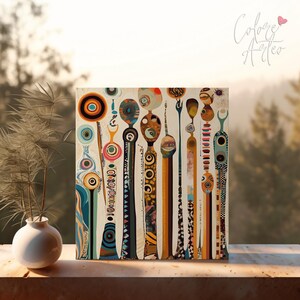 May include: Abstract art print featuring a colourful design of tall, thin, vertical shapes with geometric patterns and circles. The background is a light beige colour.