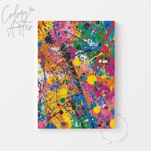 Puede incluir: Pintura abstracta con salpicaduras de pintura de colores en tonos de rosa, amarillo, azul, verde y negro sobre un fondo blanco.